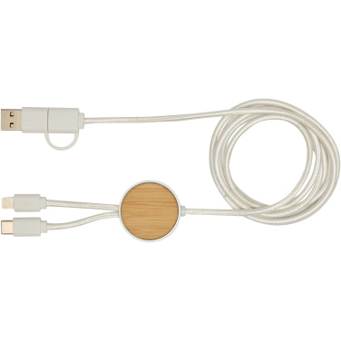 Logotrade Logogeschenke das Foto: Chechia 150 cm 5-in-1 Kabel aus recyceltem Kunststoff für Datenübertragung und 27W Schnellladung mit Bambusdetails