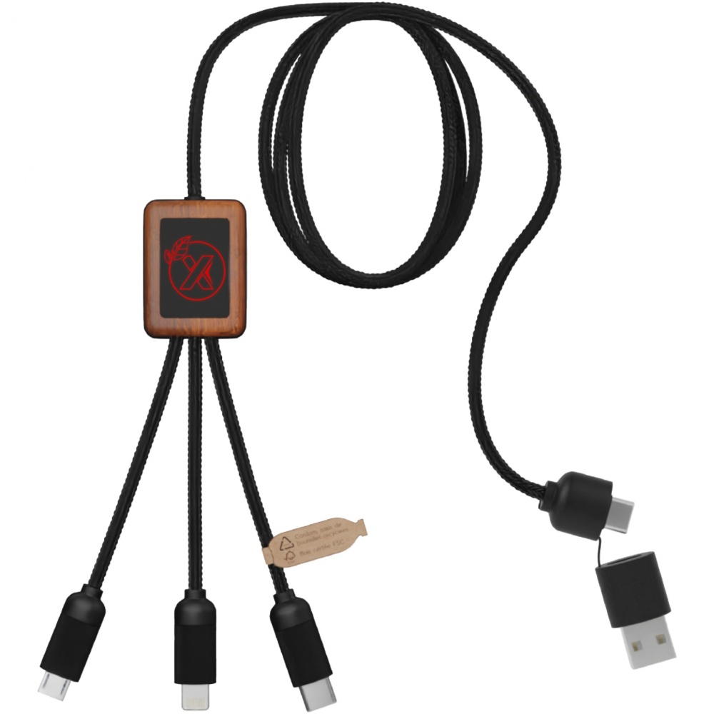 Logotrade promotional merchandise picture of: SCX.design C38 5-in-1 rPET light-up logo charging cable with squared wooden casing