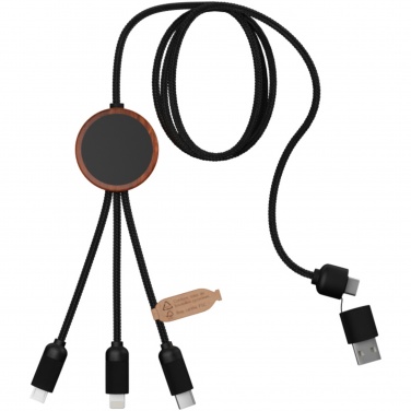 Logo trade promotional merchandise photo of: SCX.design C37 5-in-1 rPET light-up logo charging cable with round wooden casing