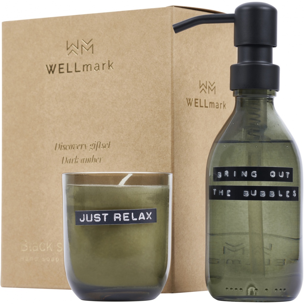 Logotrade promotional items photo of: Wellmark Discovery 200 ml hand soap dispenser and 150 g scented candle set - dark amber fragrance