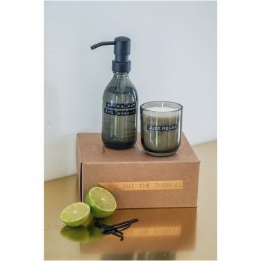 Logotrade promotional product picture of: Wellmark Discovery 200 ml hand soap dispenser and 150 g scented candle set - dark amber fragrance