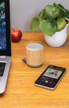 Logo trade promotional giveaways picture of: Bamboo and fabric 3W wireless speaker