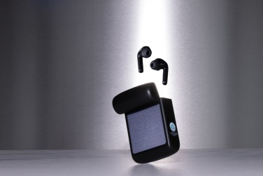 Logo trade promotional gift photo of: Skywave RCS recycled plastic solar earbuds