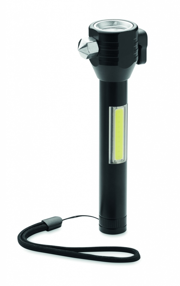 Logo trade business gift photo of: 3-in-1 aluminum flashlight with an emergency hammer and seatbelt cutter, customizable with printing