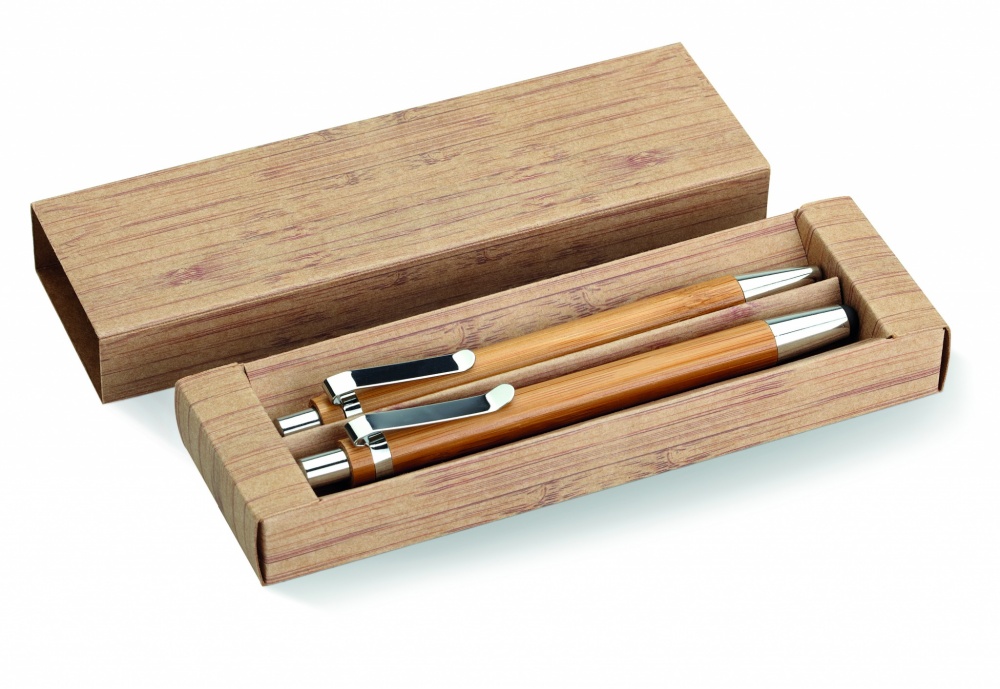 Logo trade promotional giveaways image of: Bamboo pen and pencil set