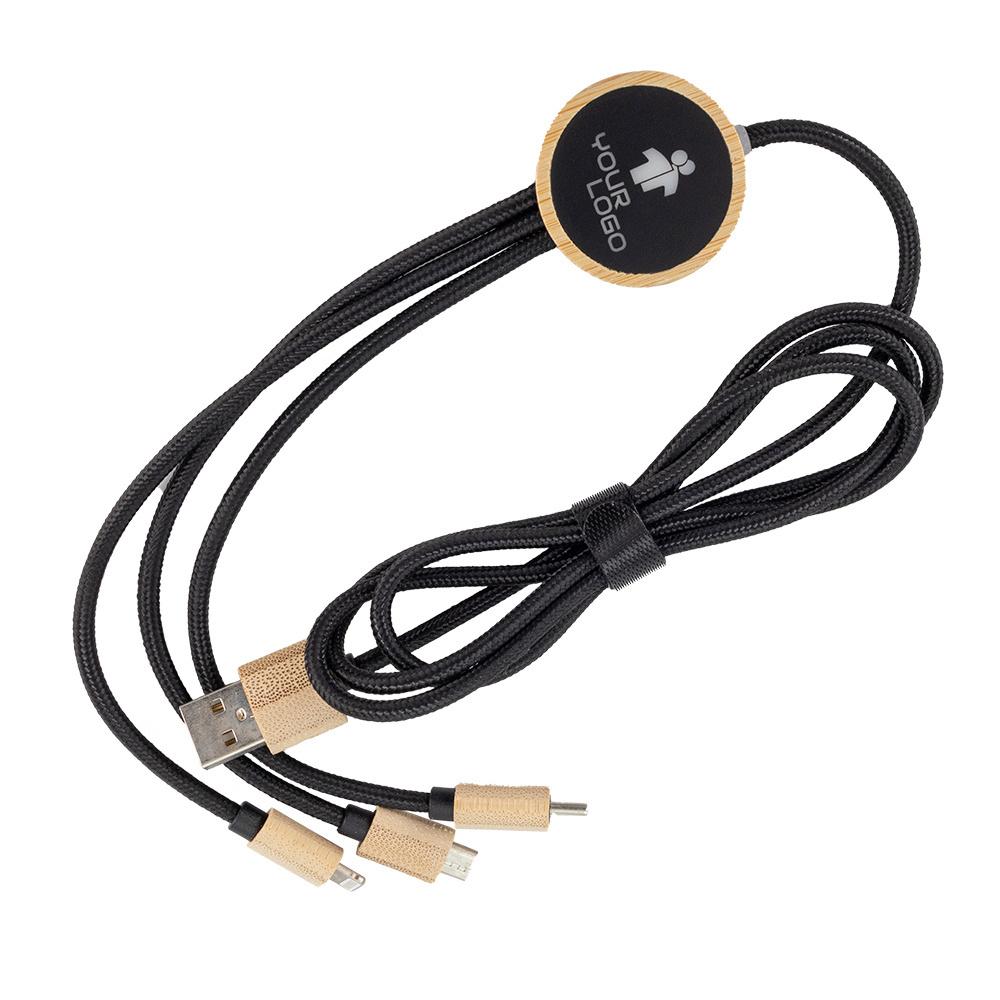 Logo trade promotional items image of: 3-in-1 cable with elighted logo in a wooden casing, LH-ZMU06