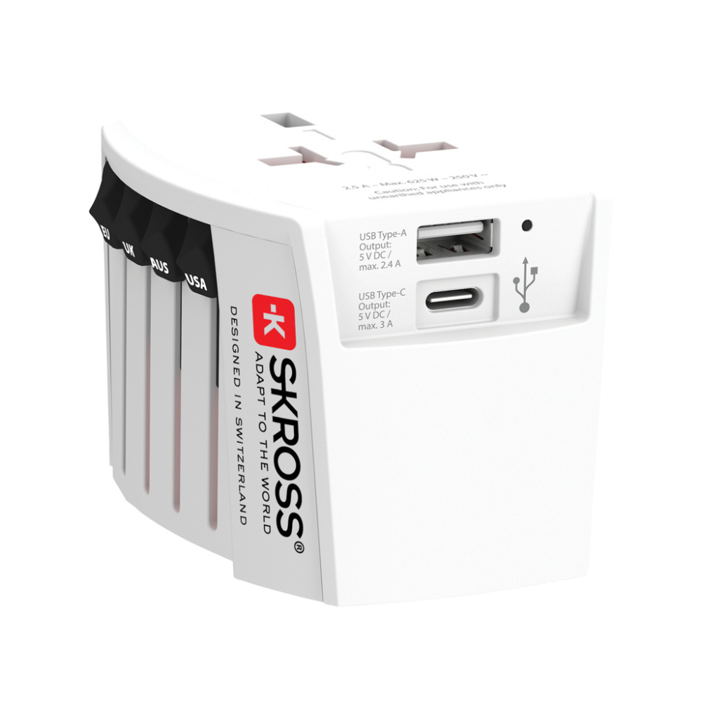Logo trade reklaamkingid foto: SKROSS World Travel Adapter MUV 2-pooluseline USB A ja C-ga