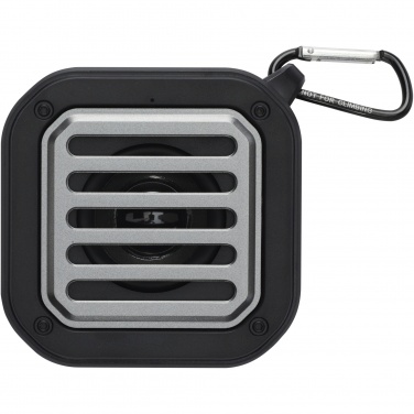 Logotrade mainoslahjat ja liikelahjat tuotekuva: Solo 3 W:n IPX5 RCS -kierrätetystä muovista valmistettu, aurinkoenergialla toimiva Bluetooth®-kaiutin jousihaalla 