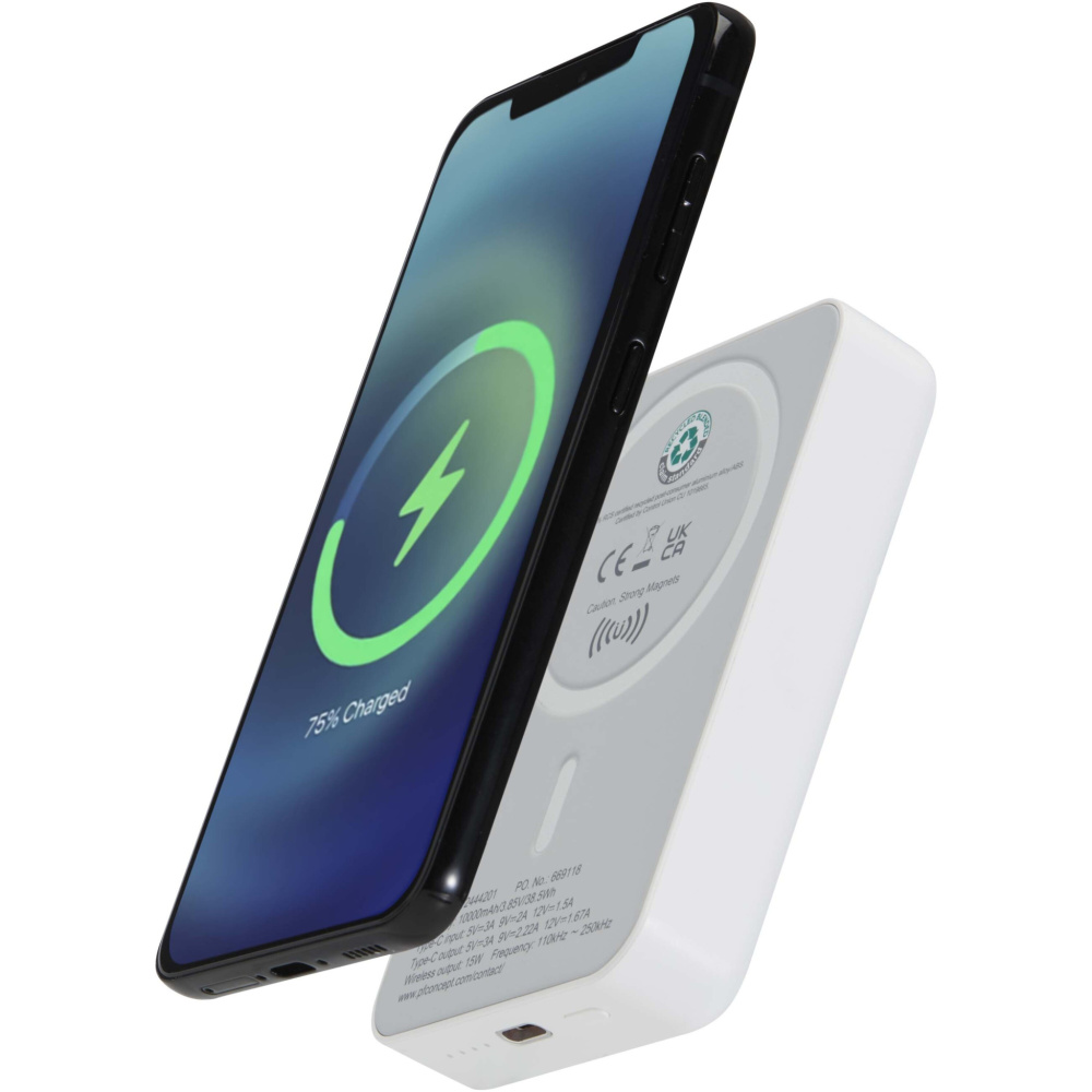 Logo trade mainoslahja kuva: Acrab 10 000 mAh:n ja 15 W:n magneettinen langaton varavirtalähde, jossa 20 W:n PD – valmistettu kierrätetystä muovista