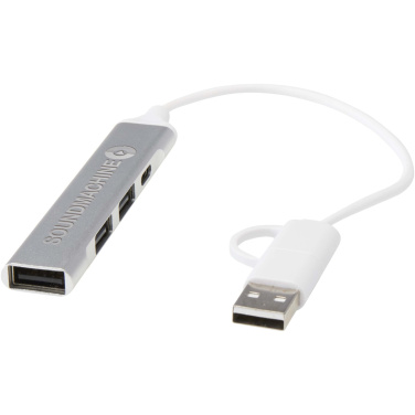 Logo trade mainoslahja kuva: Alkaid 4-porttinen kierrätetystä alumiinista valmistettu USB-A- ja Type-C-keskitin, jossa kaksi sisääntuloa
