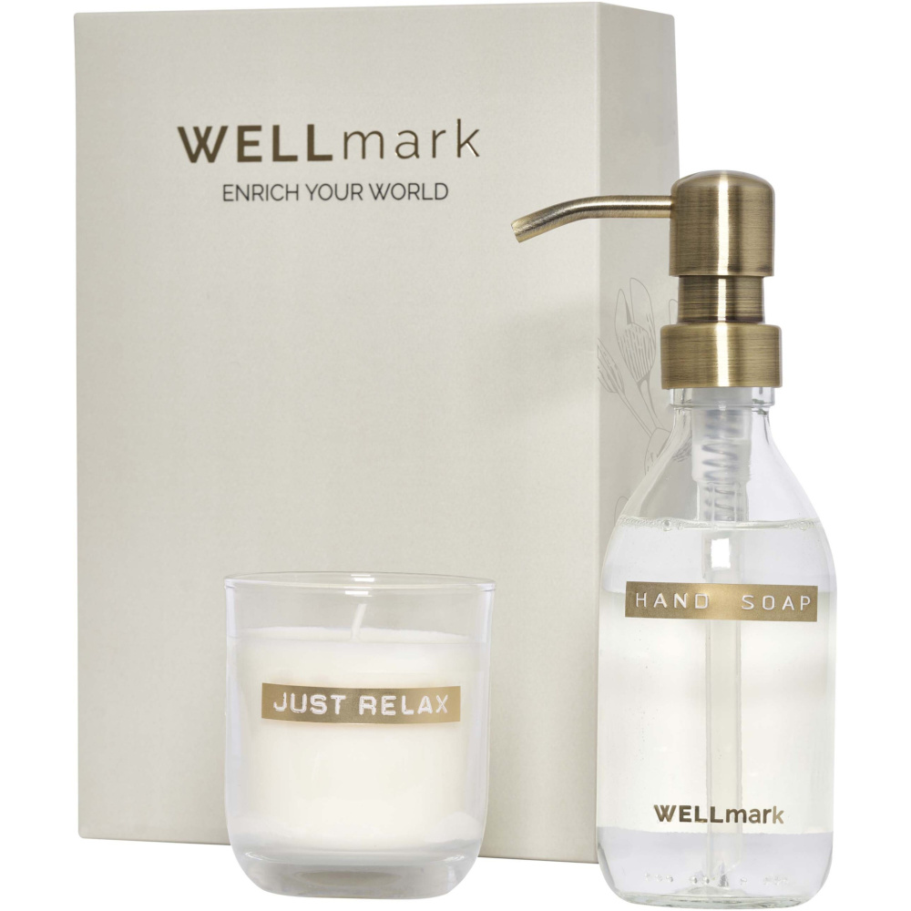 Logotrade mainoslahjat kuva: Wellmark Discovery 250 ml:n käsisaippua-annostelija ja 150 g:n tuoksukynttiläsetti