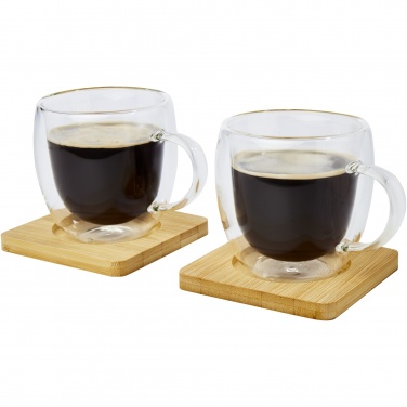 Logotrade reklamprodukter bild: Manti två stycken 250 ml glaskopp med dubbelvägg och underlägg av bambu 