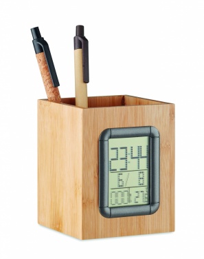 Logotrade profilreklam bild: Pennhållare bambu LCD klocka