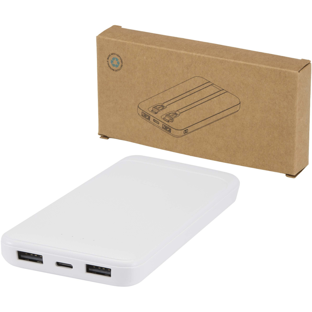 Logotrade profilreklam bild: Adhil 10 000 mAh 10 W powerbank av återvunnen plast med två inbyggda kablar